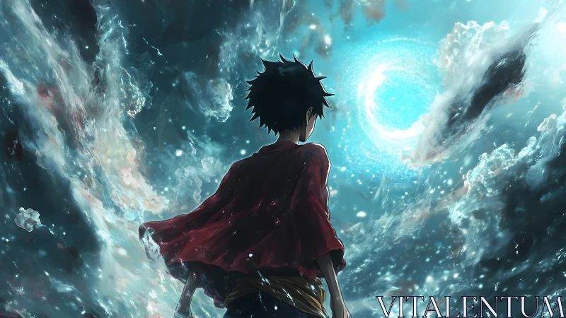 Lone anime hero studies swirling cosmic portal in storm sky