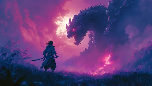 Samurai confronting cosmic dragon amid neon storm clouds.