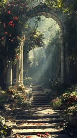 Sunlit ruin arches above an overgrown stone stairway.