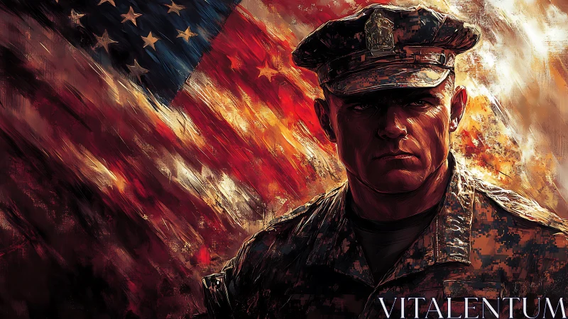 Military officer portrait before stylized United States flag.