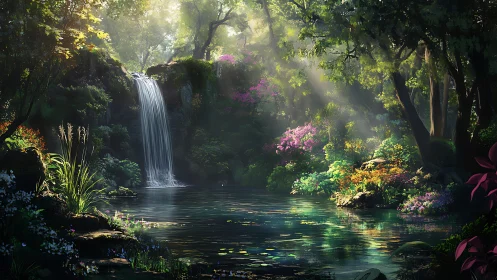 Secret waterfall garden basking in spellbound morning light.