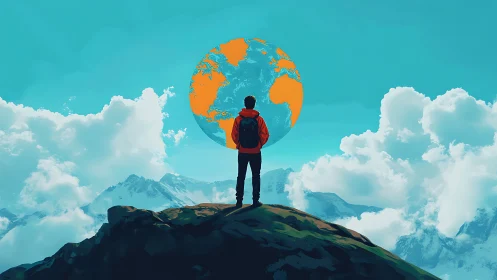 Solitary summit dreamer watching a floating painted Earth.