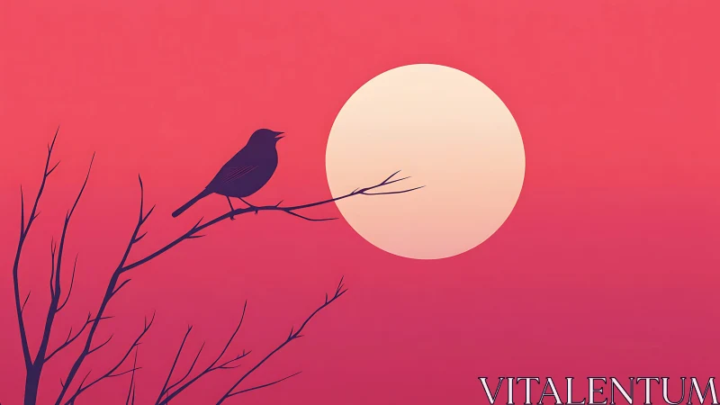 Songbird silhouette against a blushing neon sunset moon.