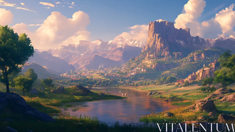 Sunlit fantasy valley renders stratified cliffs and river basin