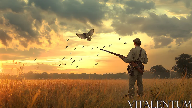 Hunter observing flock of birds over sunset grassland field.