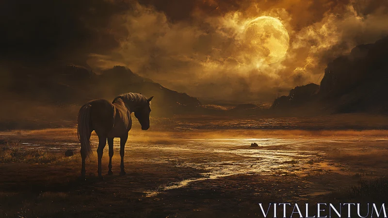 Solitary horse observes molten lunar horizon in chiaroscuro light