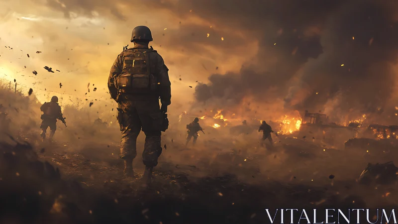 Armored infantry advance through burning battlefield haze.