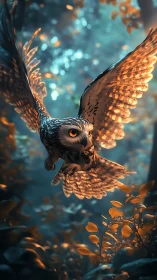 Cinematic digital owl in luminous twilight forest composition.