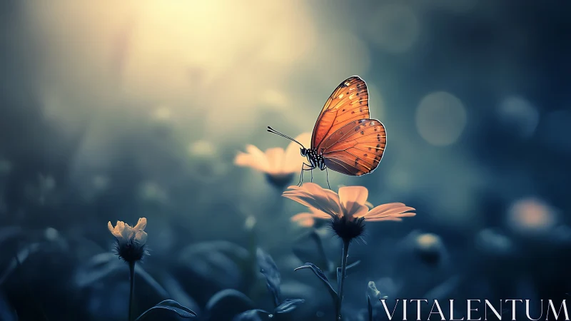 Backlit orange butterfly on flower under soft bokeh glow