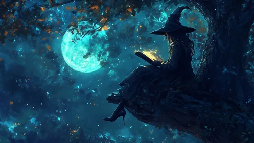 Moonlit witch reading spellbook on tree branch at night.
