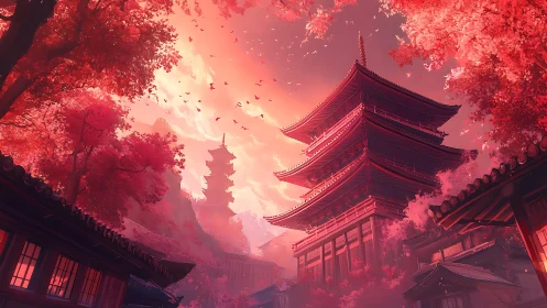 Crimson pagoda skyline under a radiant sunset sky.