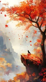 Autumnal cliff panorama with crow and atmospheric depth field.