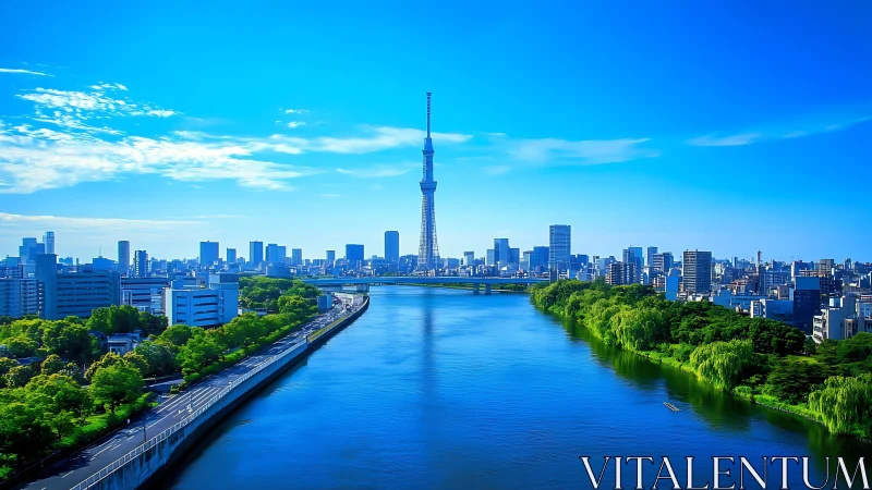 Urban river skyline with central broadcast tower view.