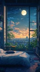 Moonlit city bedroom overlooks glowing twilight skyline
