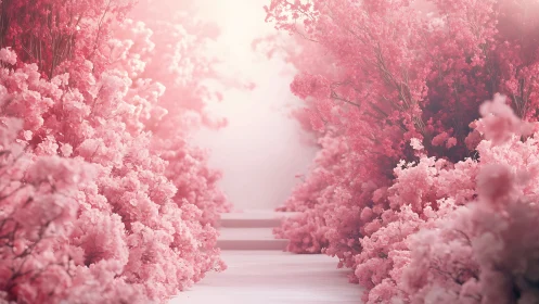 Pink floral pathway extends through soft ethereal haze