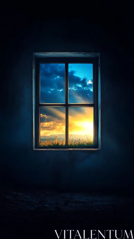 Dark interior window framing vivid sunset sky view.
