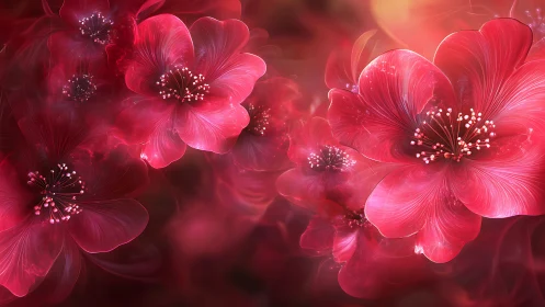 Luminous Red Flowers with Glowing Stamen Detail.