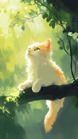 Orange and White Cat Gazing Upward on Sunlit Branch
