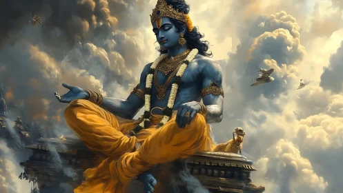 Serene blue deity in golden robes drifting through clouds.