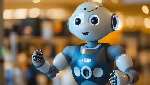 Friendly little helper robot with bright curious eyes.