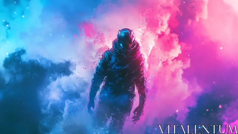 Silhouetted astronaut amid blue and magenta nebular clouds.