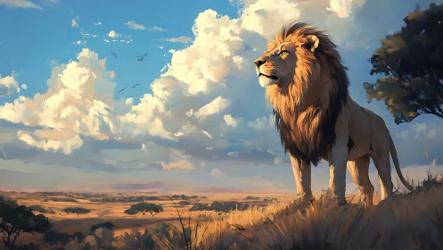Digital painting of lion on sunlit savanna with epic sky panorama.