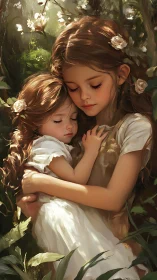 Sisters Embraced in Blooming Garden