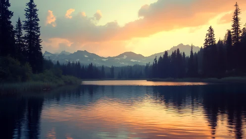 Twilight paints a serene alpine lake in ember-kissed hues.