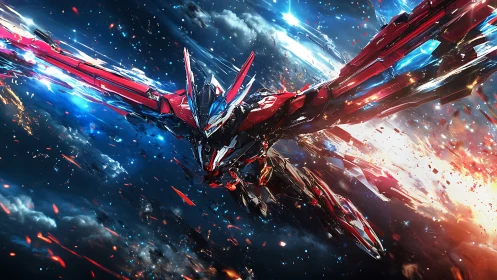 Starforge raptor mech dives through a burning cosmic storm.