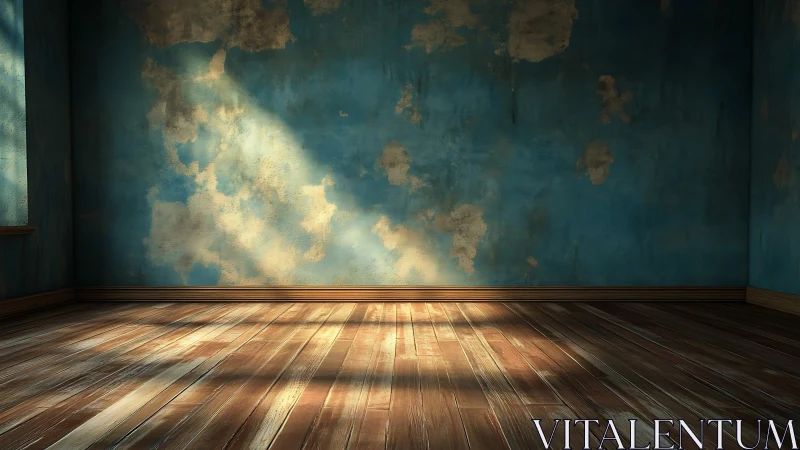 Sunlit patina room where worn blue walls quietly glow.