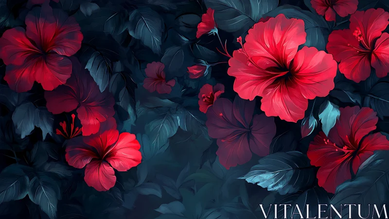 Crimson Blossoms Ignite Against Shadowed Foliage.