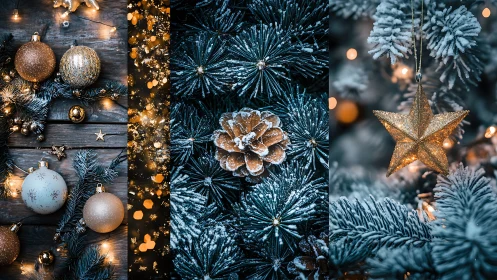 Frosted fir branches with golden Christmas ornaments glowing softly.