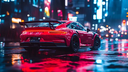 Red performance coupe reflects neon rain across wet city street