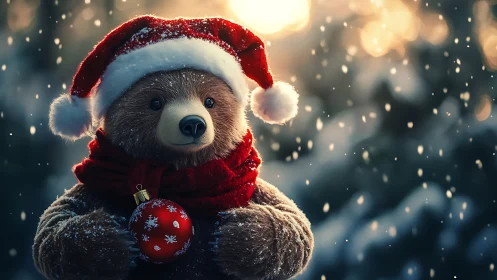 Photorealistic plush bear in Santa hat with red bauble outdoors
