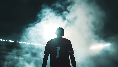 Backlit football goalkeeper entering stadium fog.