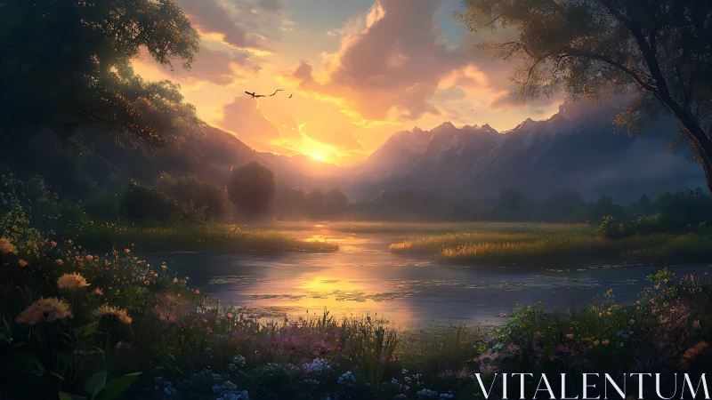 Mountain lake landscape at sunset with wildflowers and trees.