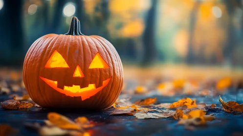 Glowing jack o lantern smiling warmly on an autumn path.