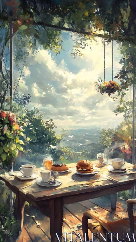 Outdoor garden brunch table with pastries and sunlight