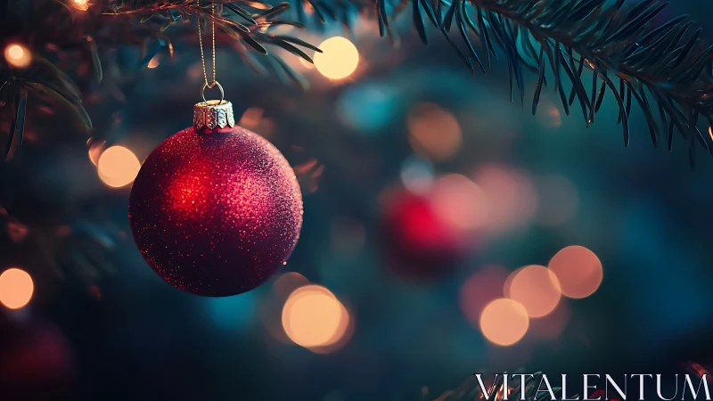 Red spherical ornament hangs from fir branch in soft focus