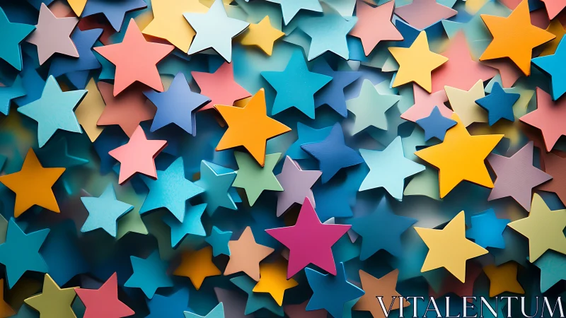 Layered multicolor star field with playful 3D relief design.