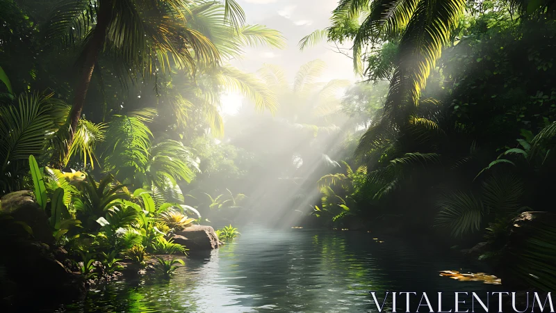 Sunlit tropical river cuts through dense jungle vegetation