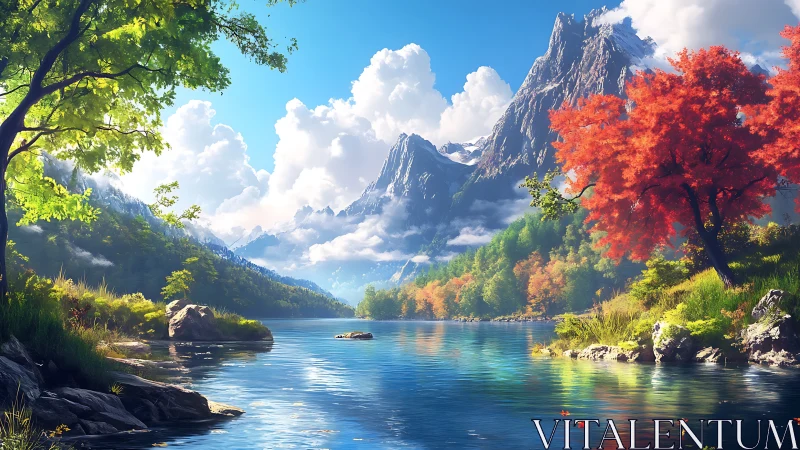 Mountain lake landscape presents mixed seasonal foliage