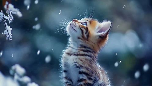 Young Kitten Gazing at Frosted Branches in Winter Snow.