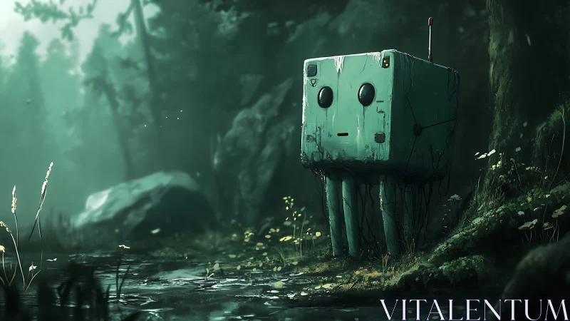 Curious forest robot quietly explores a misty hidden stream