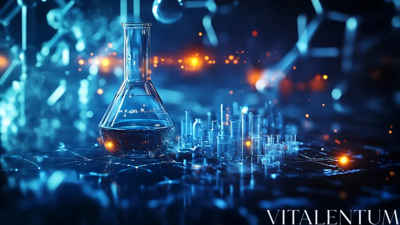 Futuristic chemistry lab flask over glowing digital network.