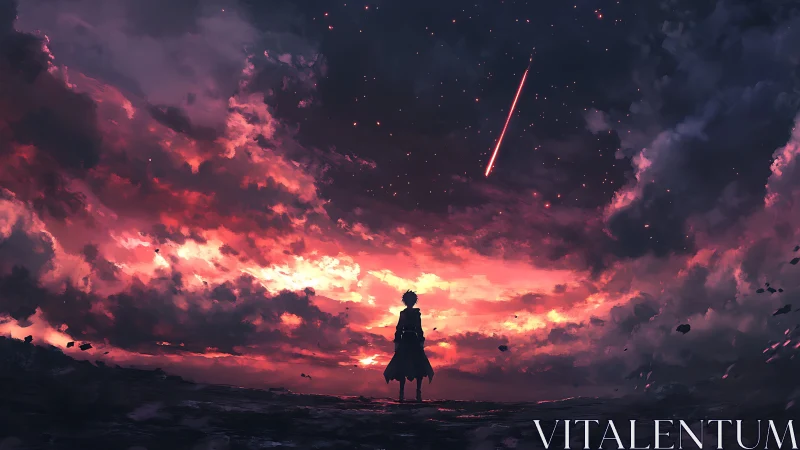 Silhouetted figure observes bright meteor over red cloud sky