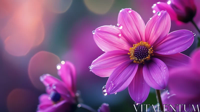Magenta cosmos flowers with water droplets and bokeh.