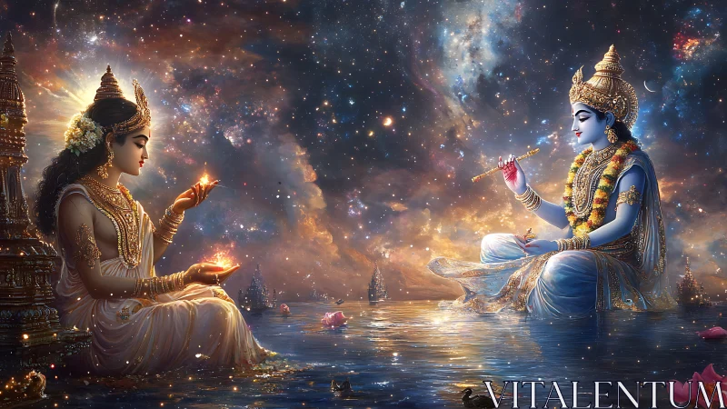 Divine lovers share sacred light upon a cosmic river.