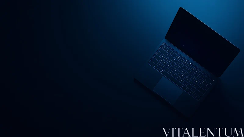 Low-key laptop composition with cyan rim lighting on blue field.