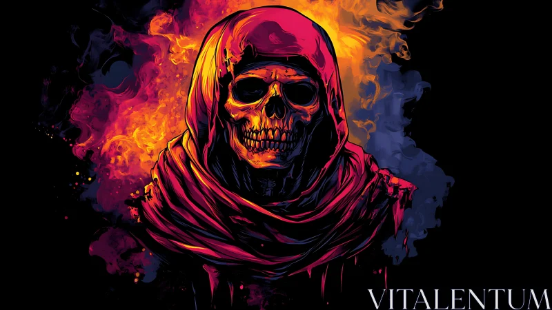 Hooded skeletal figure rendered in high contrast digital colors